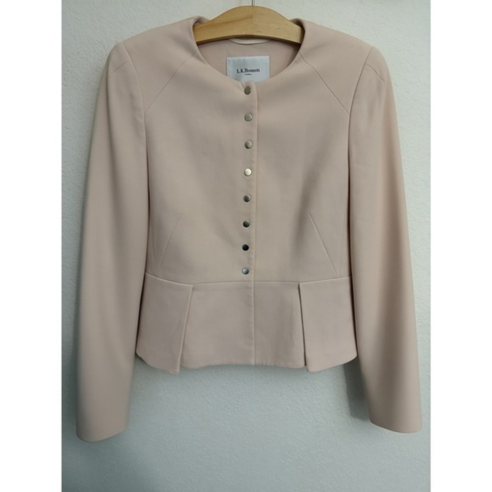 LK Bennett London Blush Pink Collarless Peplum Snap Button Jacket US 6